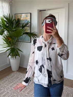 Monteau White Sheer Tie-Neck Blouse with Black Floral Print